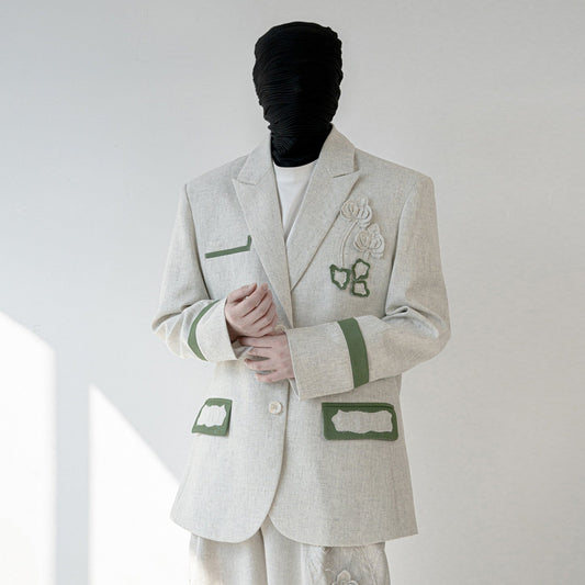 Linen Blend 3D Flower Tailored Jacket & Trousers Setup WN23838