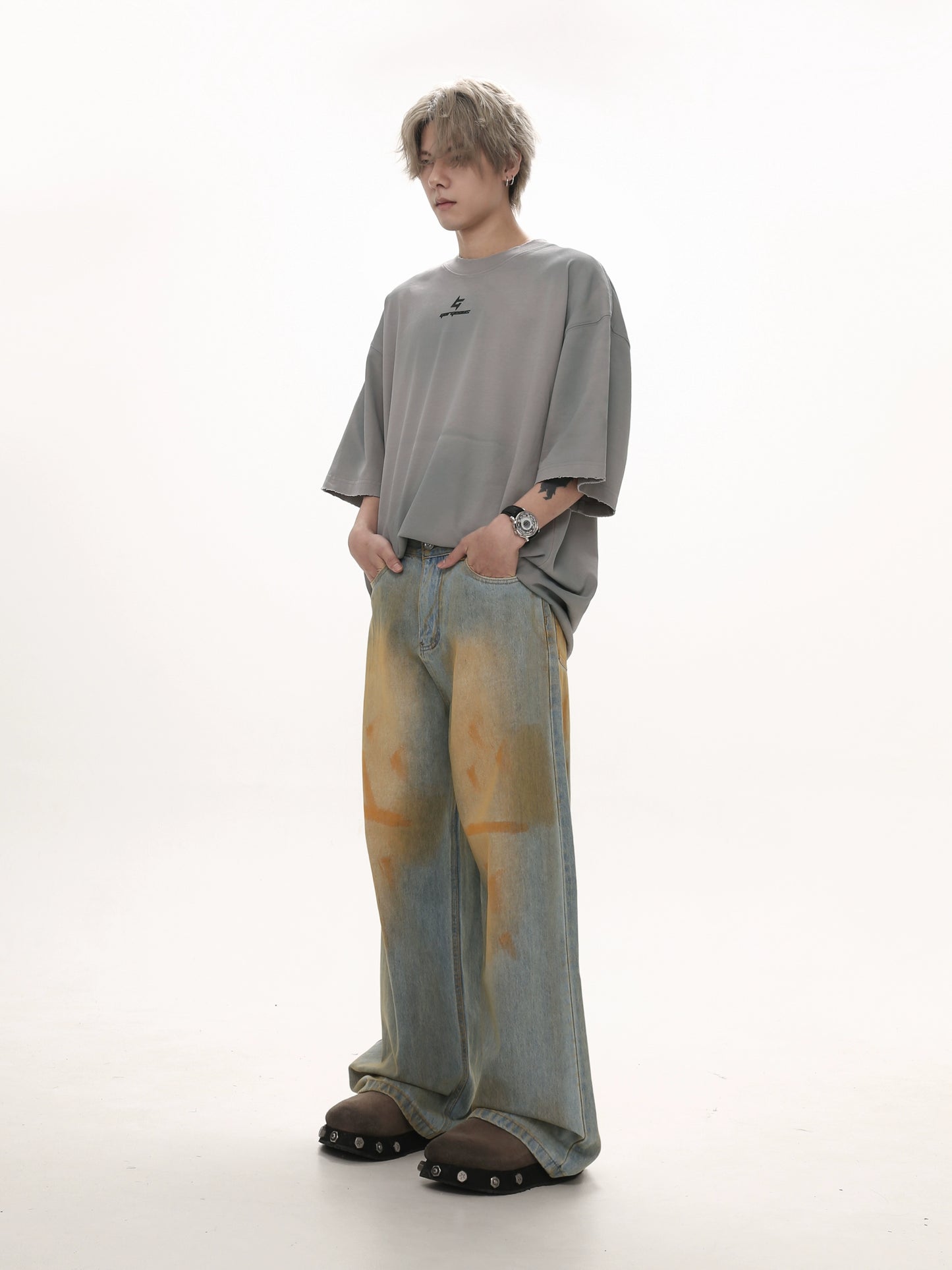 Dirty Mud Dye Wide Leg Denim Jeans WN5672