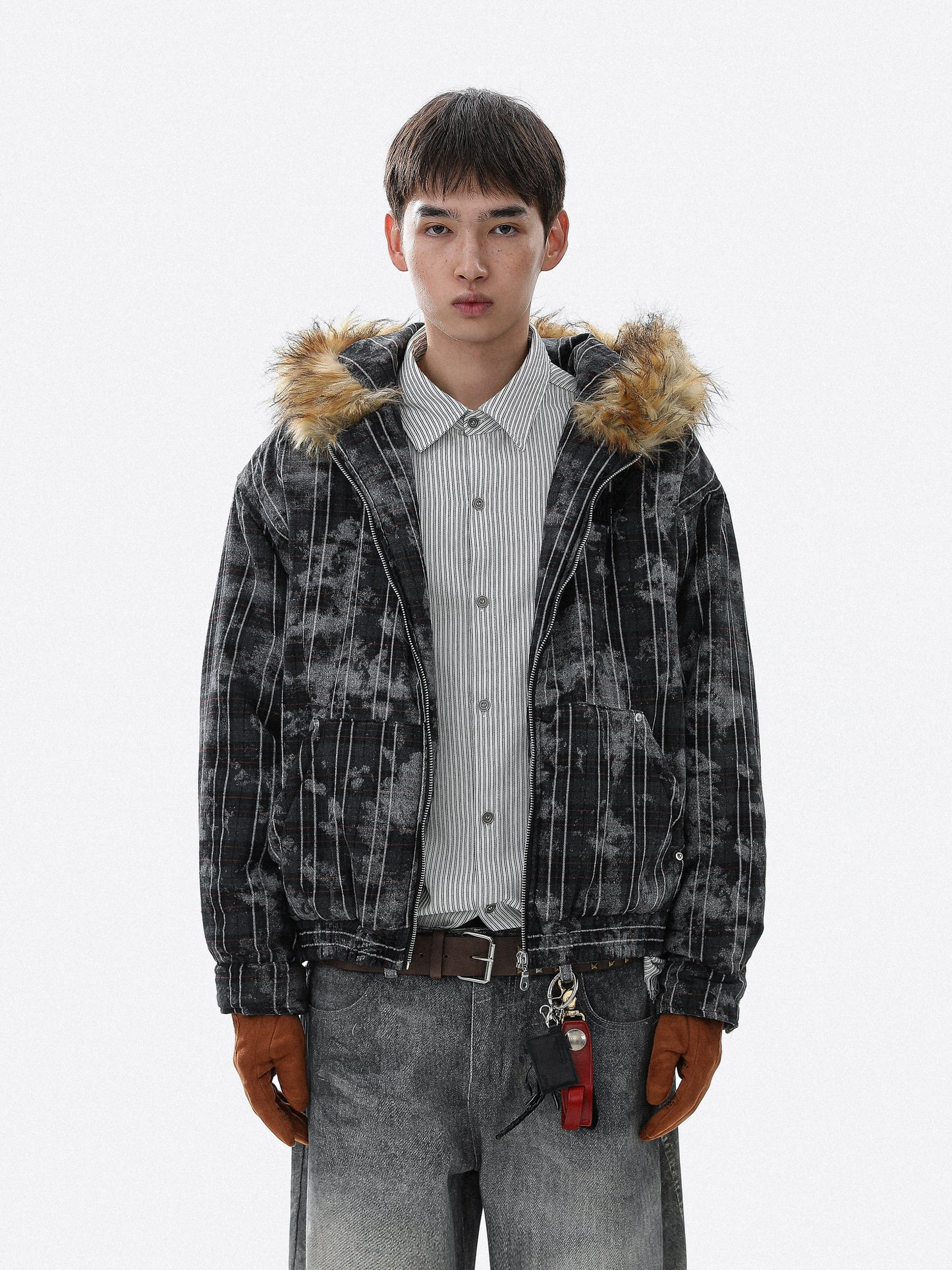 Tie-Dye Fake Fur-Collar Hooded Jacket WN22115