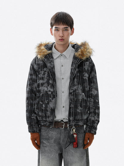 Tie-Dye Fake Fur-Collar Hooded Jacket WN22115