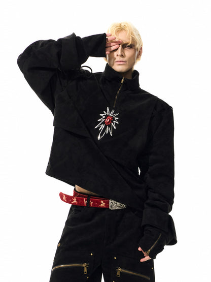 Graffiti Suede Deconstructed Half Zipper Sweatshirt & Cargo Pants Setup WN21783