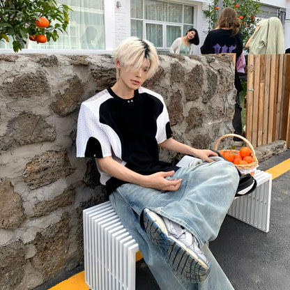 Color Block Panel Sporty Shoulder-Pad Oversize Short Sleeve T-Shirt WN19896