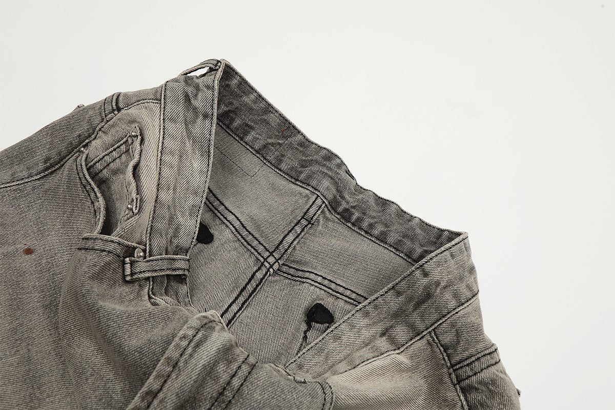 Washed Damage Straight Wide Leg Denim Jeans WN25672
