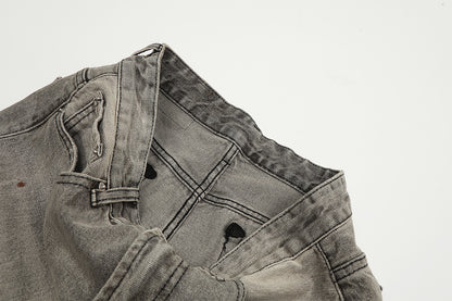 Washed Damage Straight Wide Leg Denim Jeans WN25672