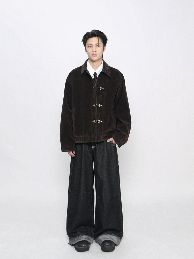 Washed Metal Buckle Button Suede Jacket WN24480