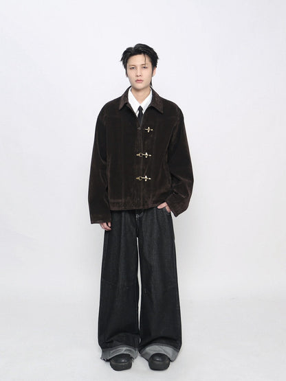 Washed Metal Buckle Button Suede Jacket WN24480
