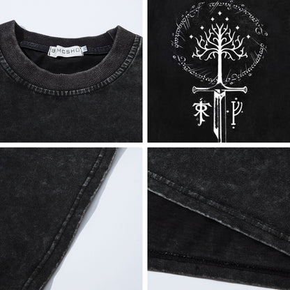 Washed Broken Sword Sacred Tree Print Short Sleeve T-Shirt WN26903