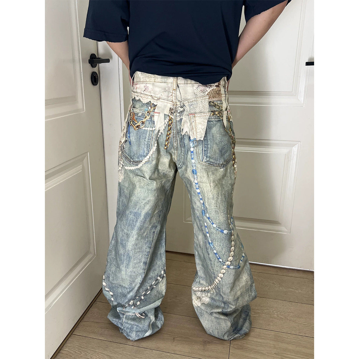 3D Print Washed Wide Leg Denim Jeans WN23038