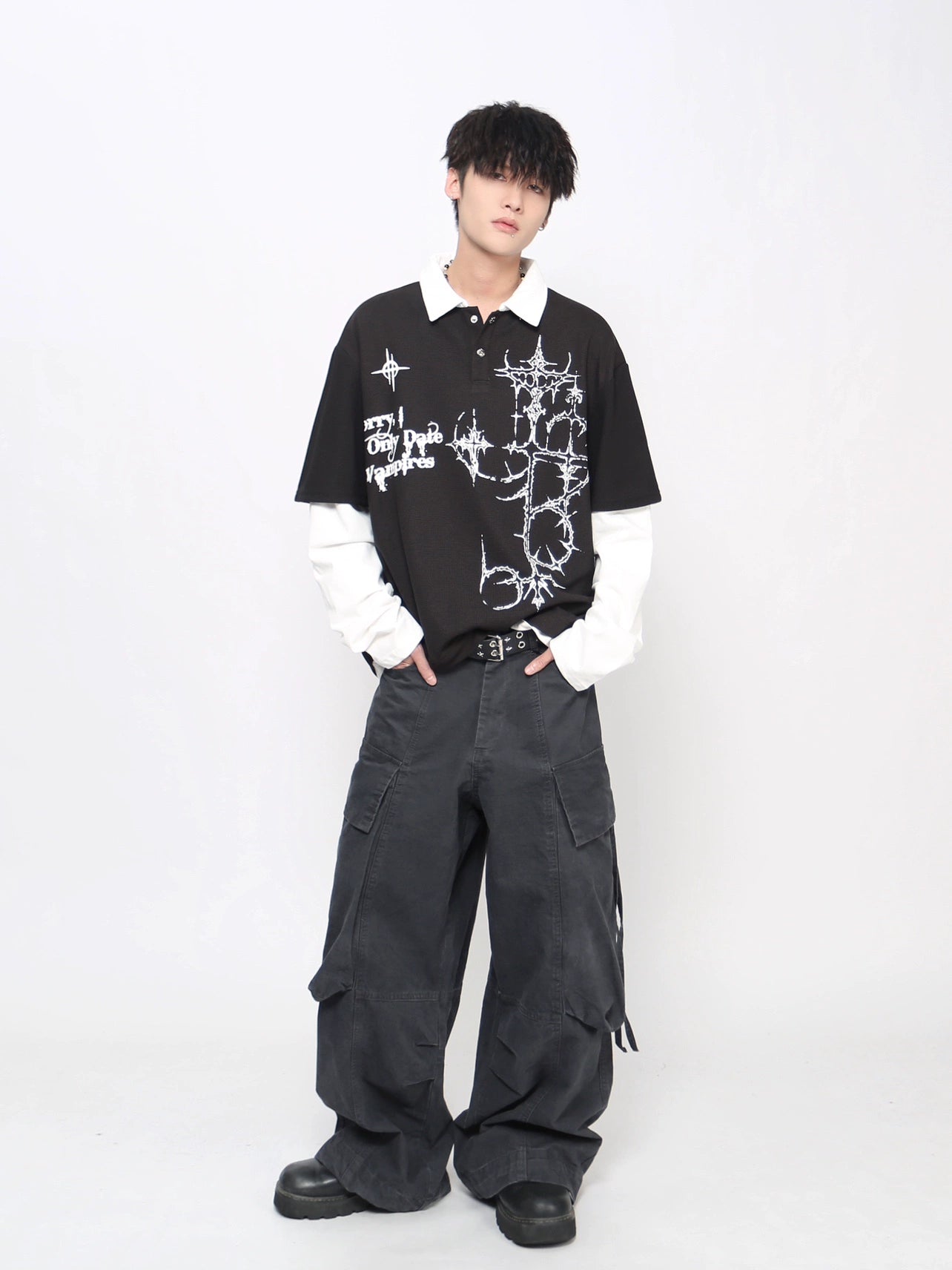 Thorn Gothic Print Fake Layered Waffle Long Sleeve T-Shirt WN21020