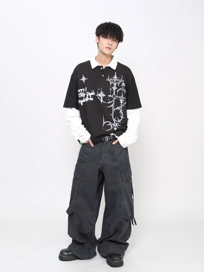 Thorn Gothic Print Fake Layered Waffle Long Sleeve T-Shirt WN21020