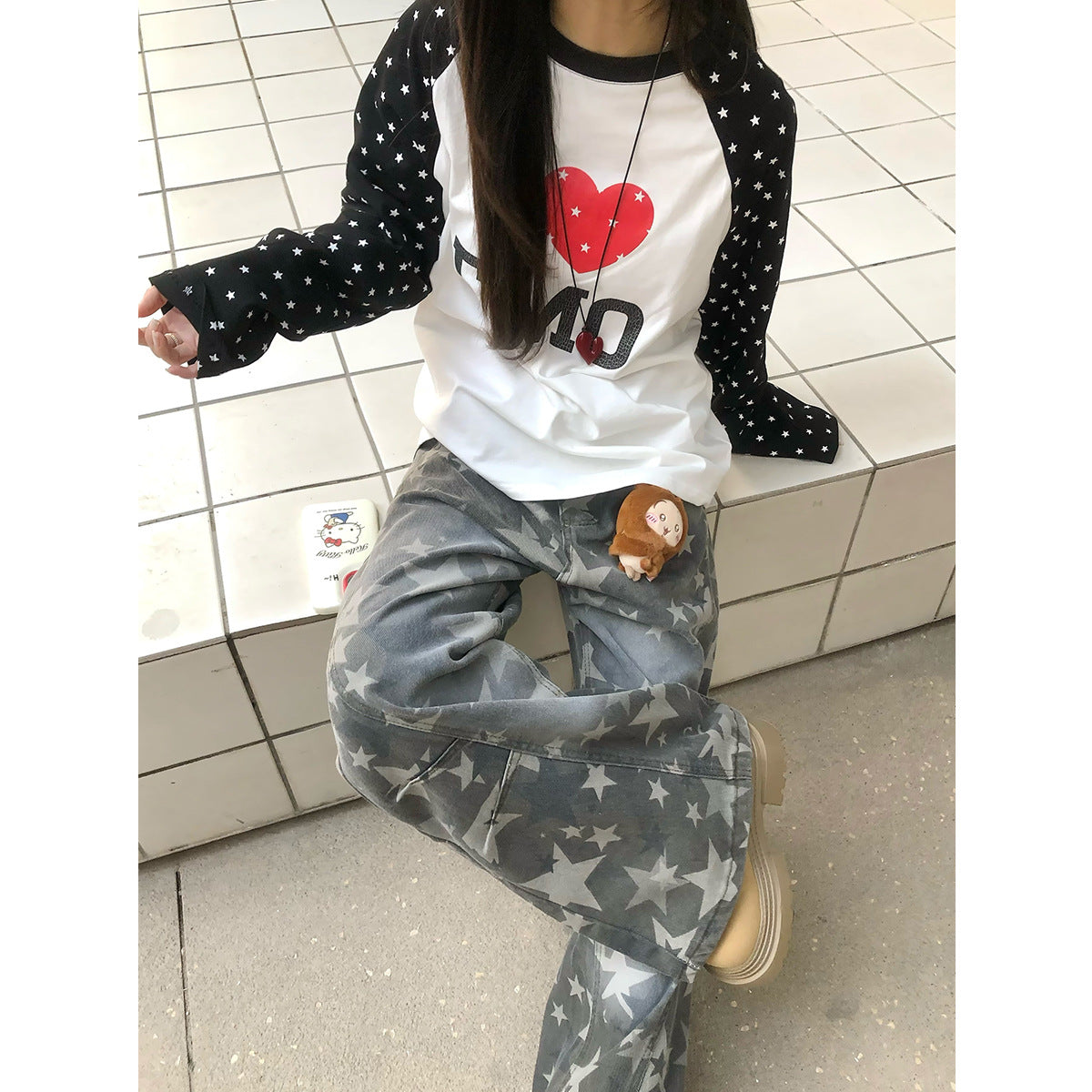 Graphic Letter Polka Dot Print Long Sleeve T-Shirt WN25397