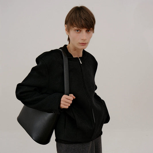 Collarless Wool Zipper Short Jacket WN21552