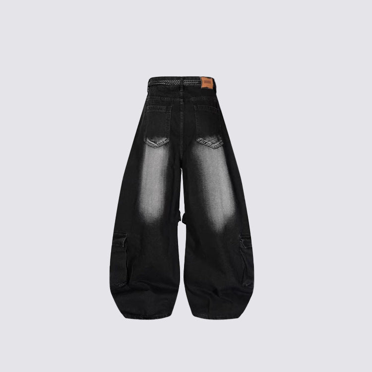 Gradient Multi-Pocket Drawstring Wide Leg Denim Jeans WN27828