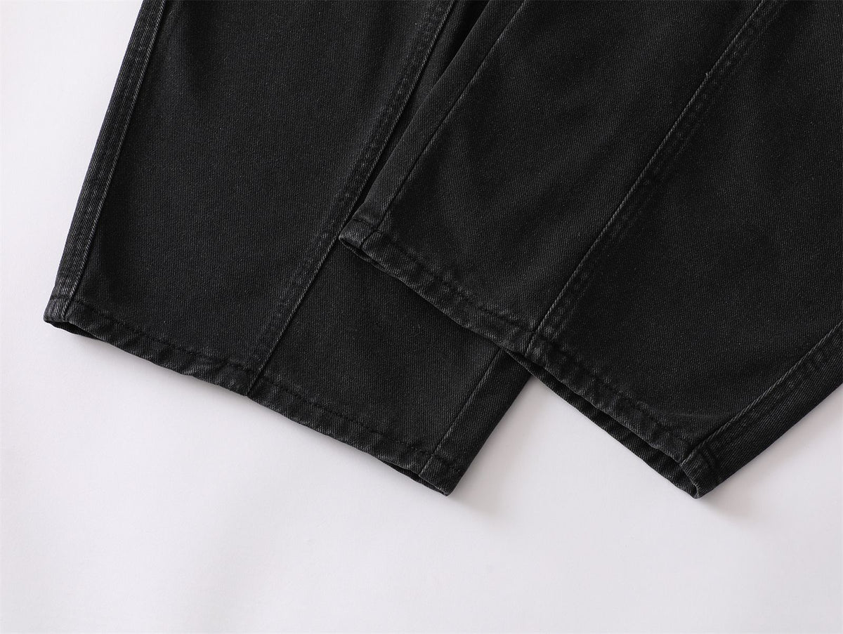 Washed Patchwork Wide Leg Cargo Denim Jeans WN26889