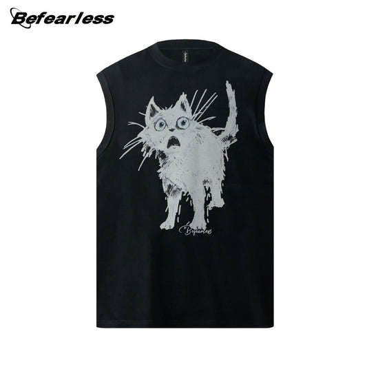 Graffiti Cat Print Oversize Sleeveless T-Shirt WN26394