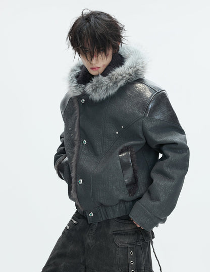 Fake Fur Collar Colorblock PU Leather Hooded Puffer Jacket WN22601