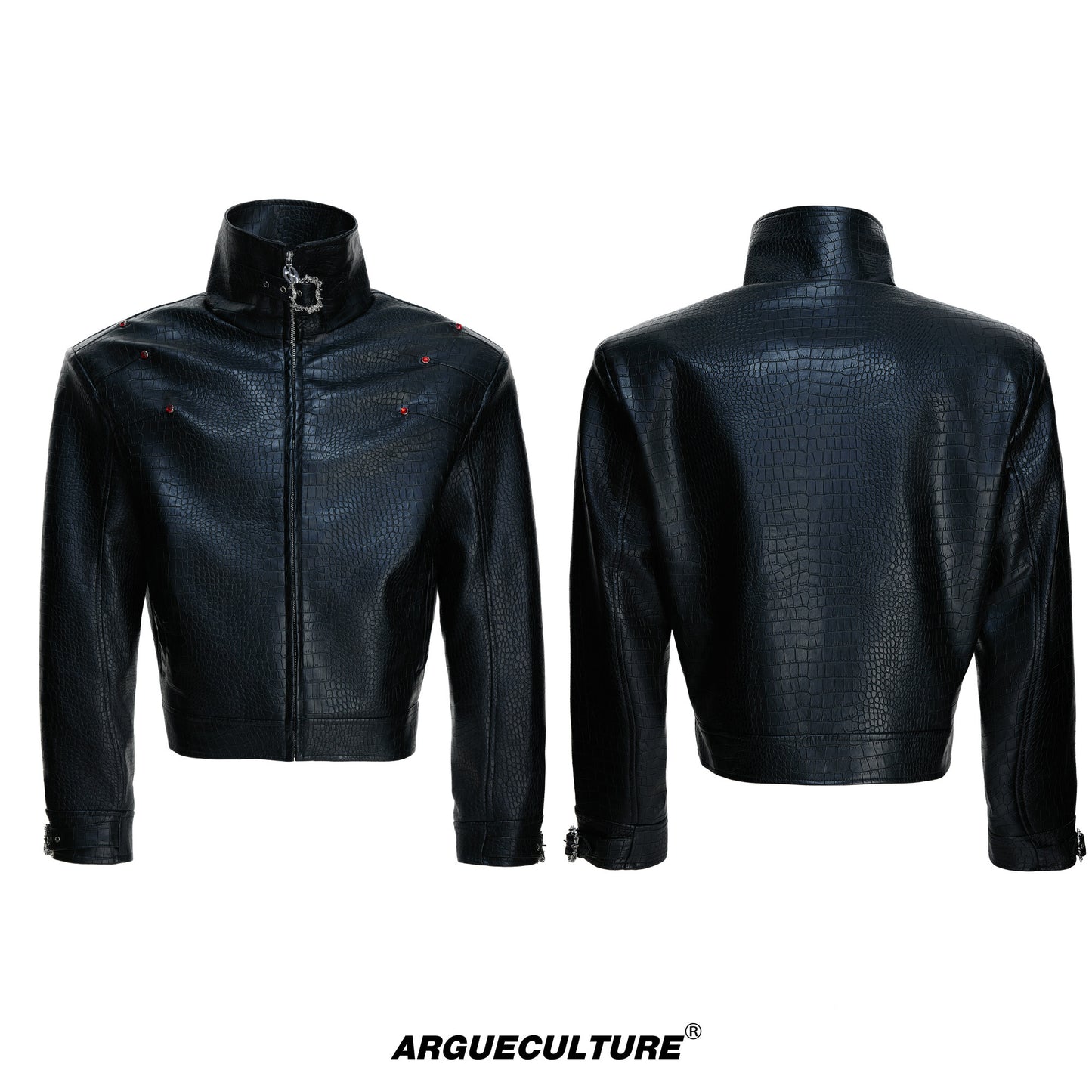 Crocodile Texture Stand Neck Palace Button Short Jacket WN23307