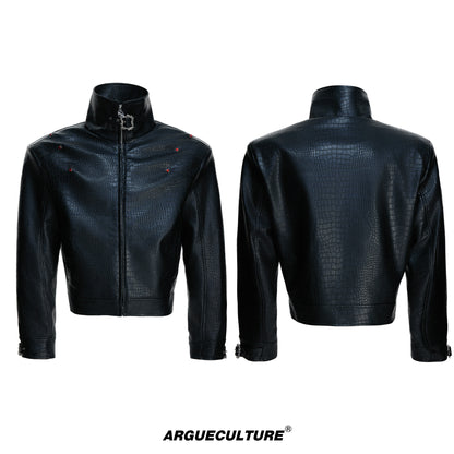 Crocodile Texture Stand Neck Palace Button Short Jacket WN23307