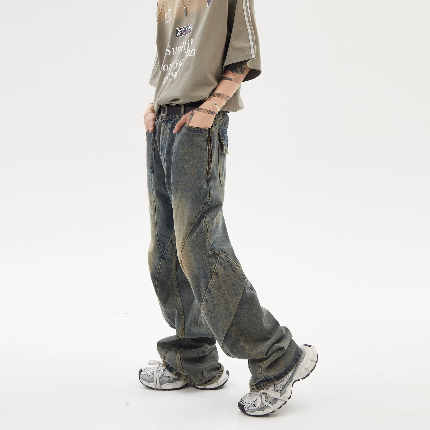 Yellow Mud Washed Straight Long Denim Jeans WN5937