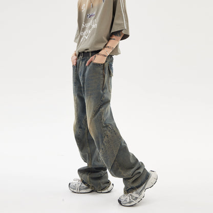 Yellow Mud Washed Straight Long Denim Jeans WN5937