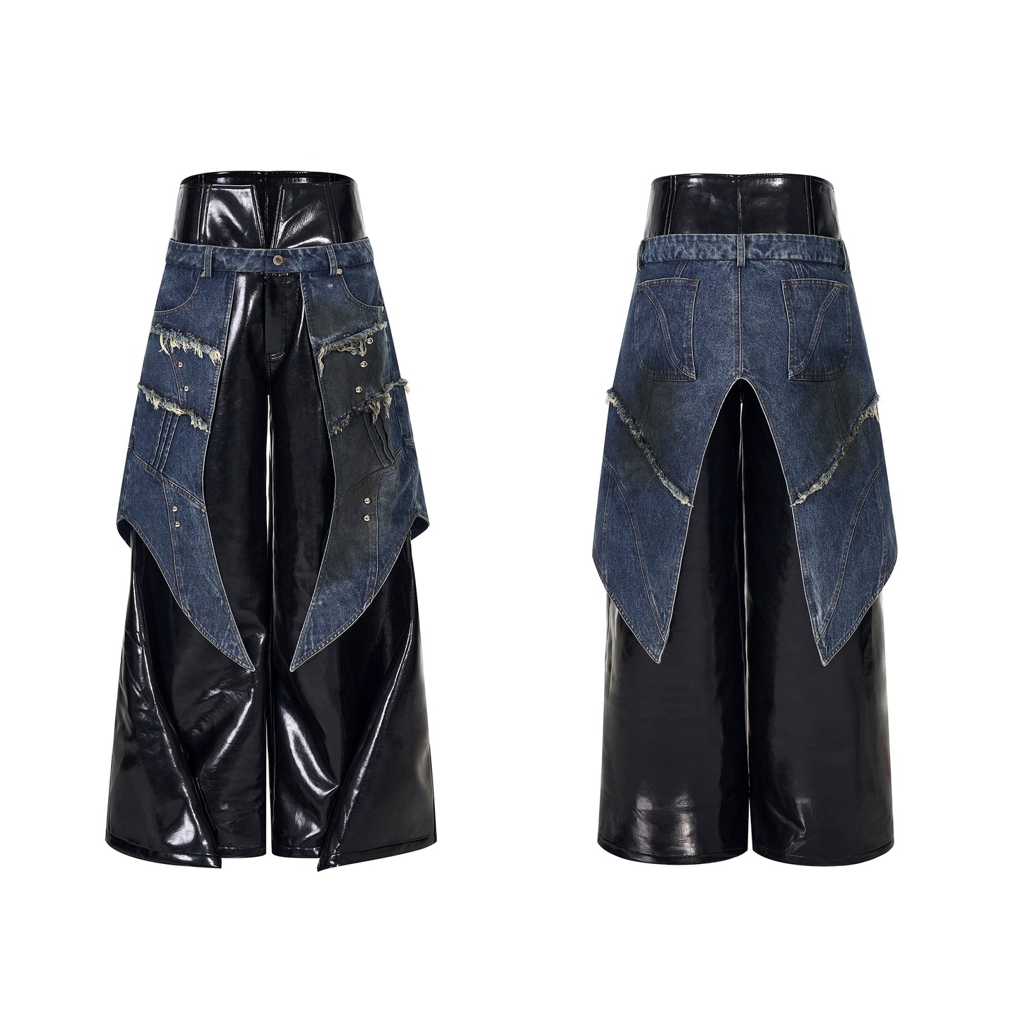 Frayed Denim Patch Rivet PU Leather Short Jacket & PU Leather Pants Setup WN22123