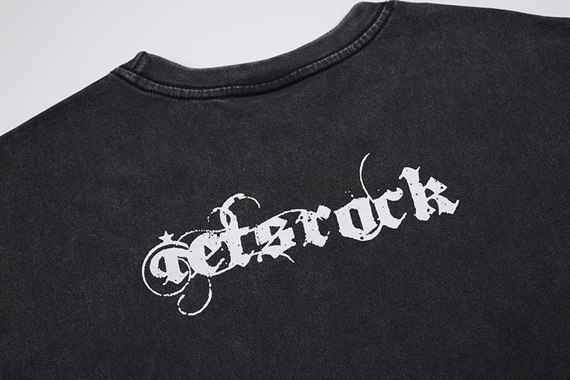 Washed Portrait Letter Print Short Sleeve T-Shirt WN25387