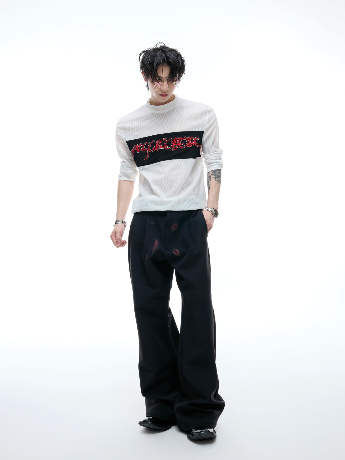 Mesh Stretch Embroidery Colorblock Long Sleeve T-Shirt WN20535