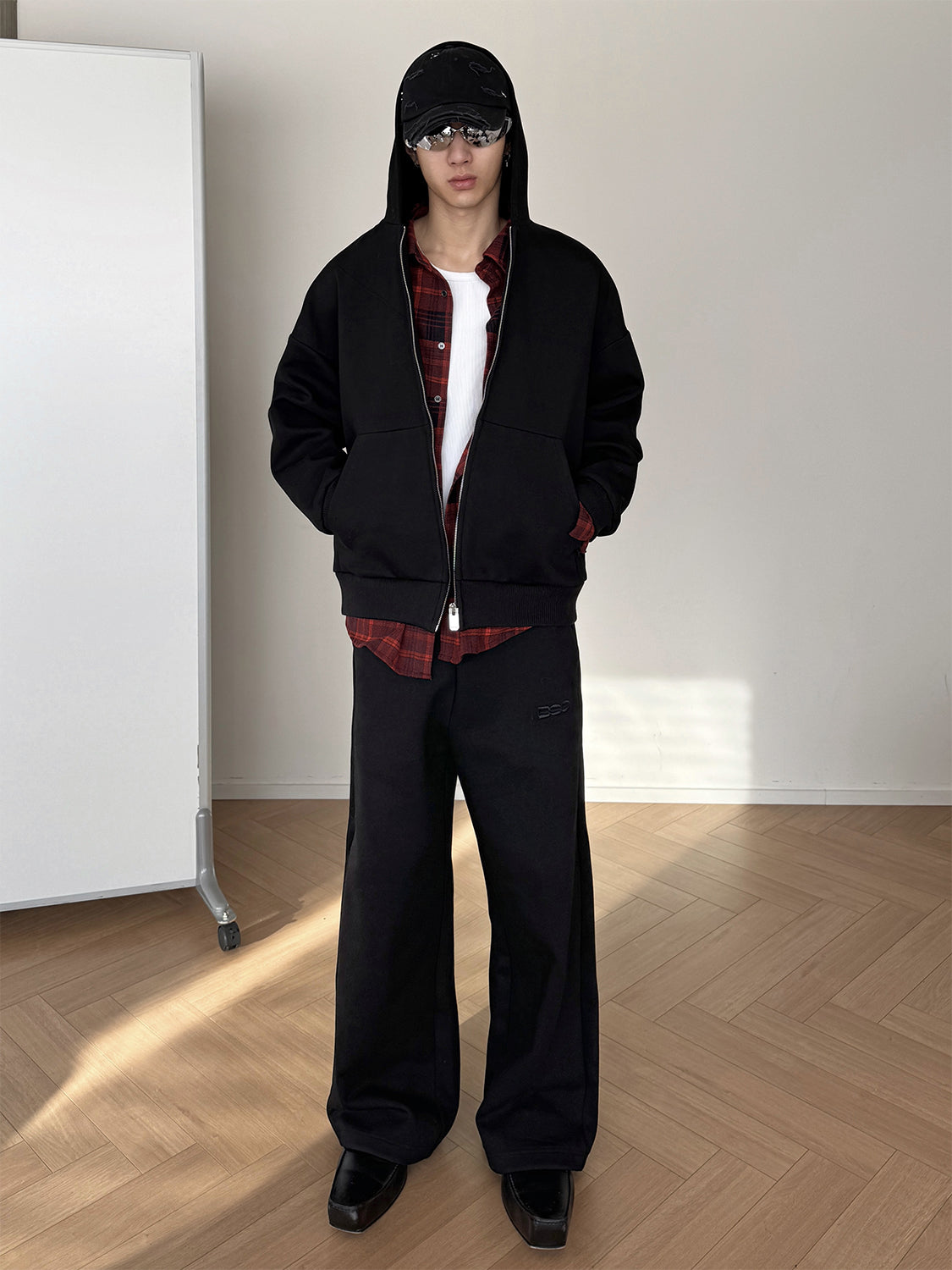 Detachable Fake Layered Plaid Shirt Zipper Hoodie WN15161