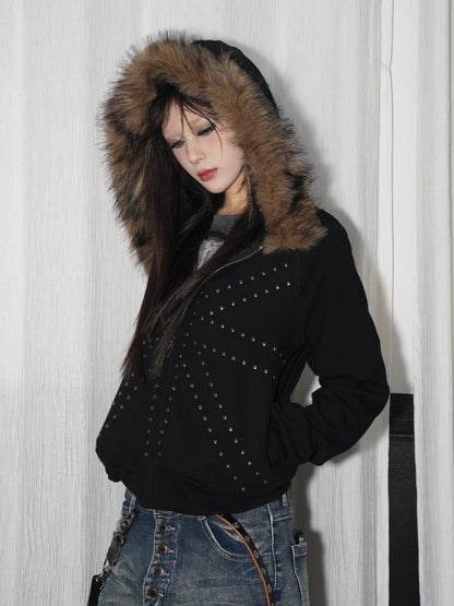 Fake Pearl Studs Detachable Fur Collar Oversize Zipper Hoodie WN22235