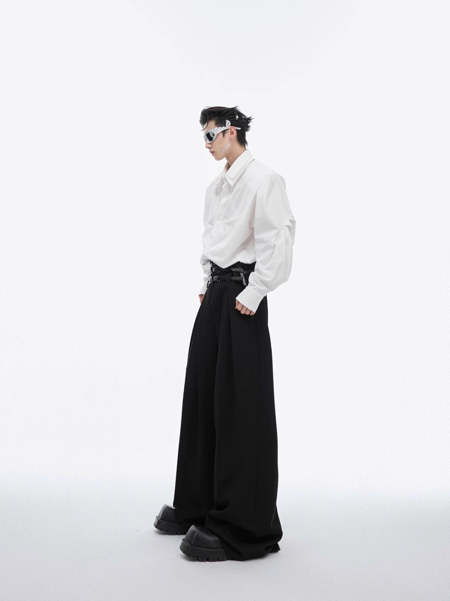 Pleats Waist Belt Design Wide Leg Trousers with Belts WN6471