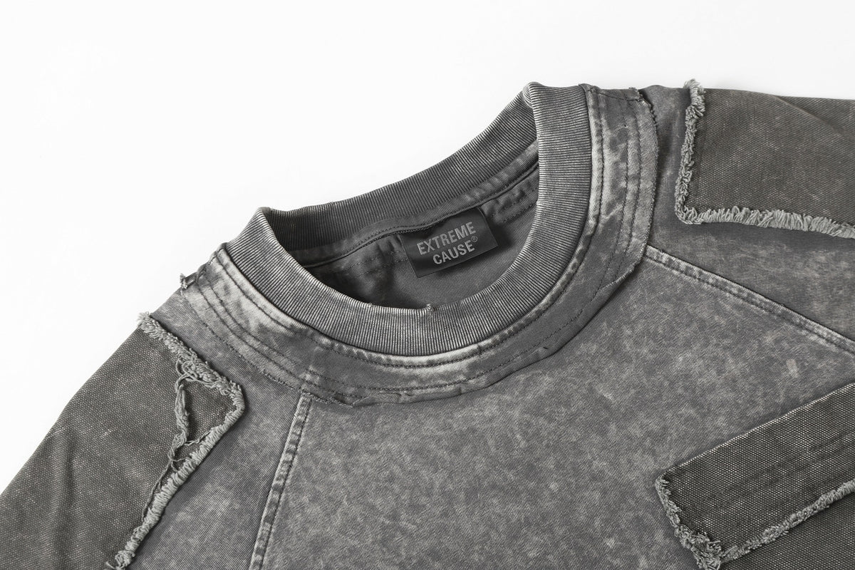 Washed Raw Edge Pocket Fake Layered Short Sleeve T-Shirt WN26891
