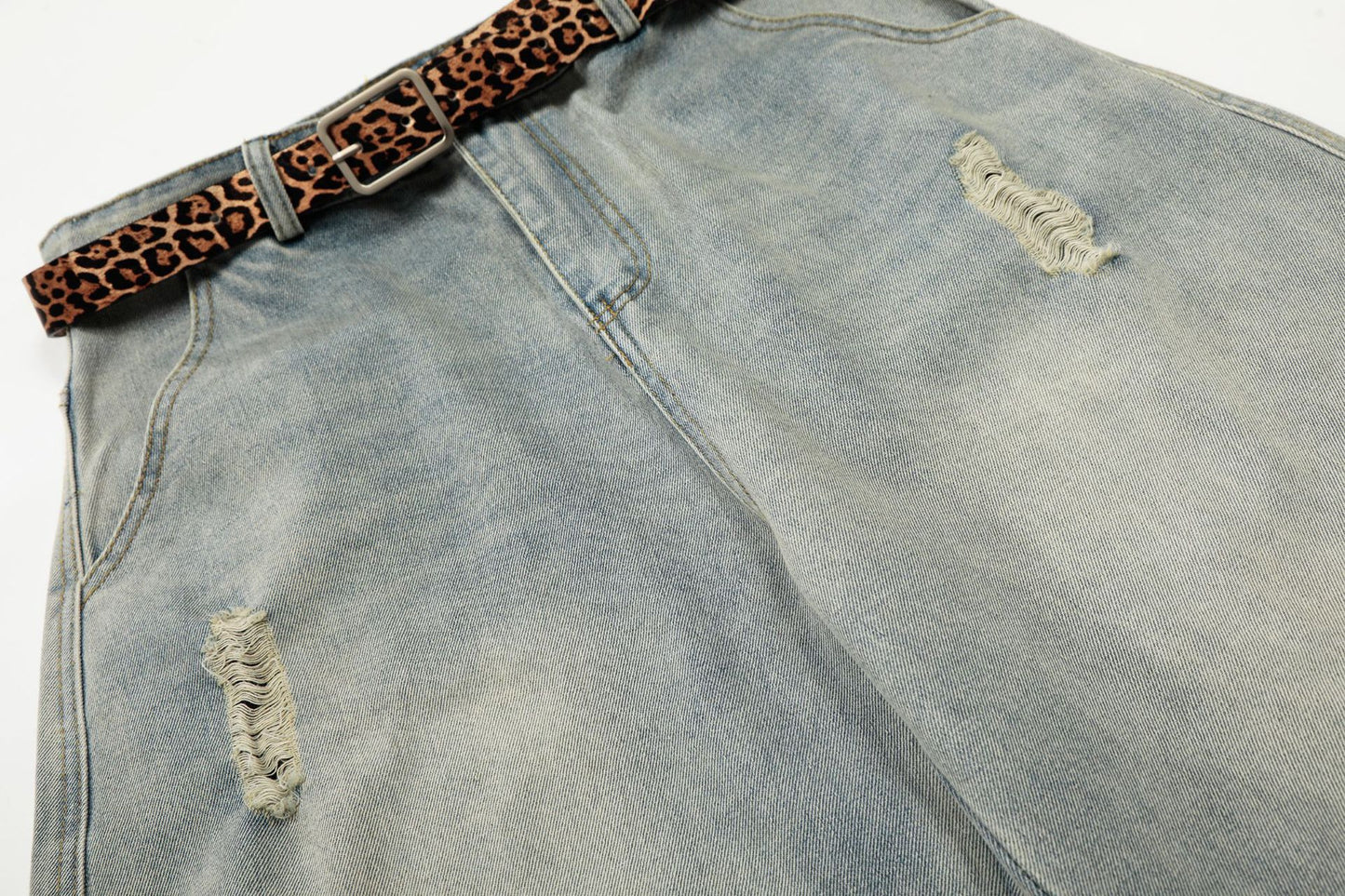 Washed Damage Panel Curved Denim Jeans WN25530