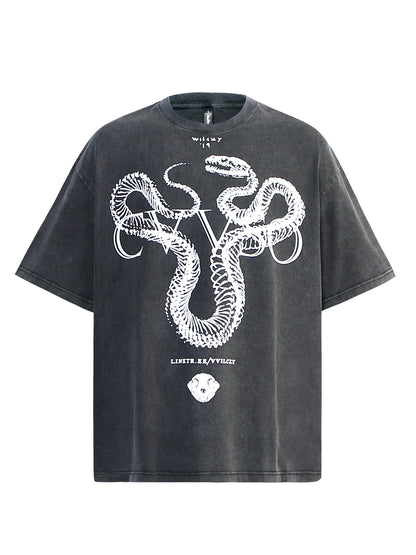 Washed Snake Skeleton Graphic Oversize Short Sleeve T-Shirt WN26408