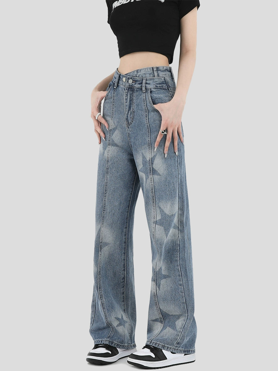 High Waist Star Wide-Leg Straight Denim Jeans WN7210