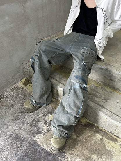 Dye Washed Multi-Pocket Straight Cargo Denim Jeans WN21167