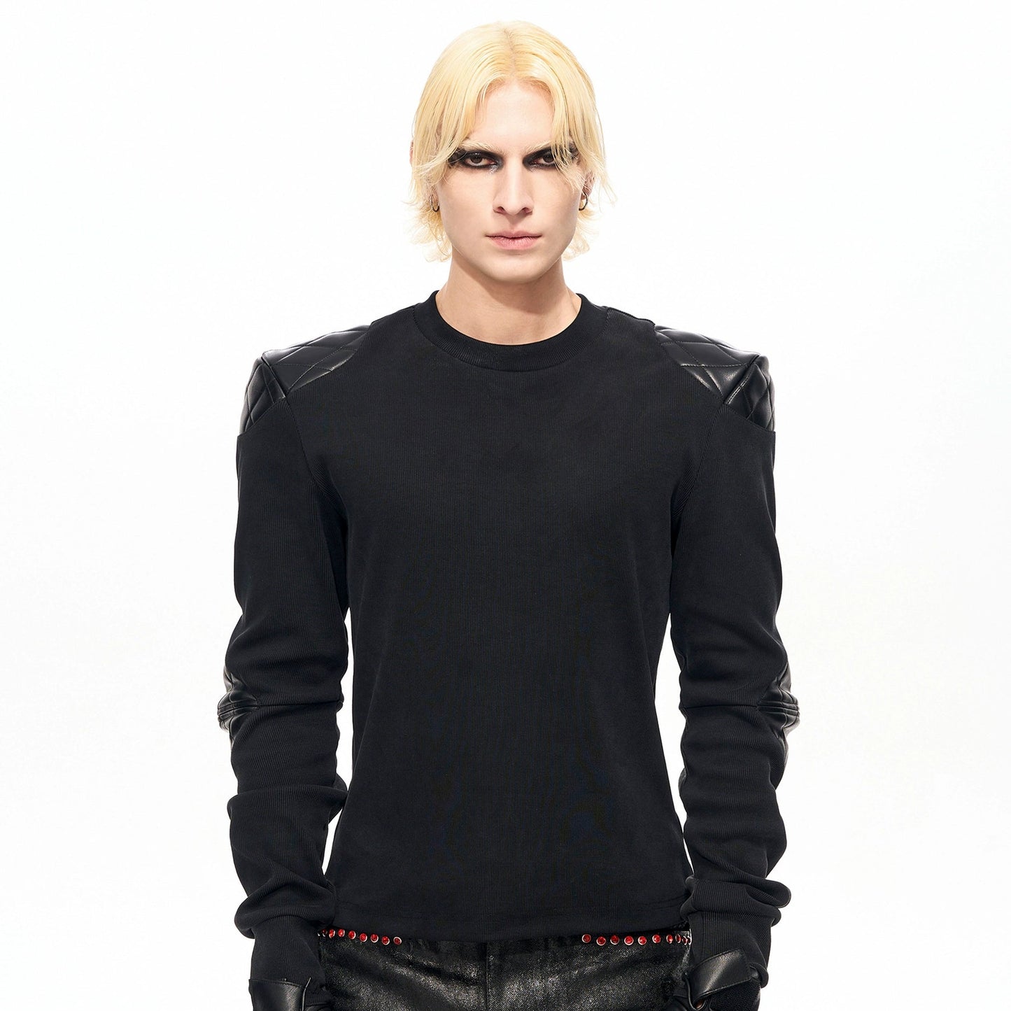 PU Leather Patch Washed Slim Long Sleeve T-Shirt WN22128