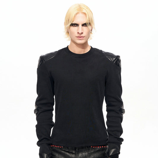 PU Leather Patch Washed Slim Long Sleeve T-Shirt WN22128