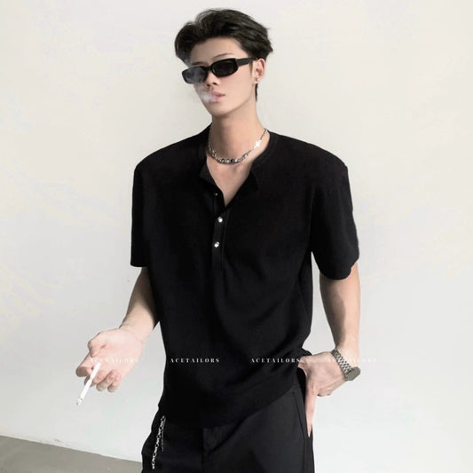 Henley Neck Knit Cleanfit Short Sleeve T-Shirt WN20075