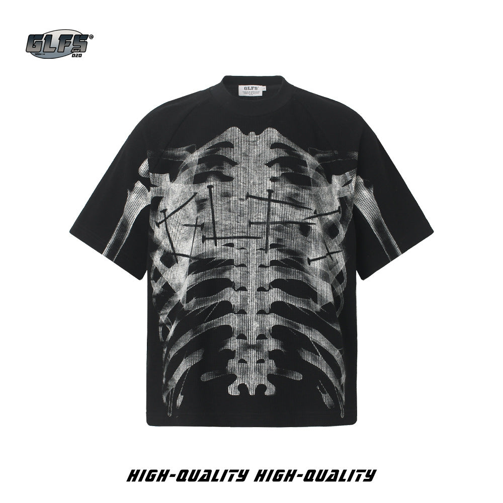 Waffle Skeleton Print Raglan Short Sleeve T-Shirt WN26417