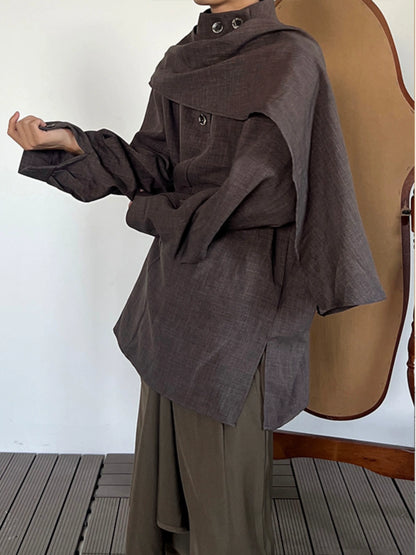 Stand Neck Scarf-Tie Long Sleeve Shirt WN19975