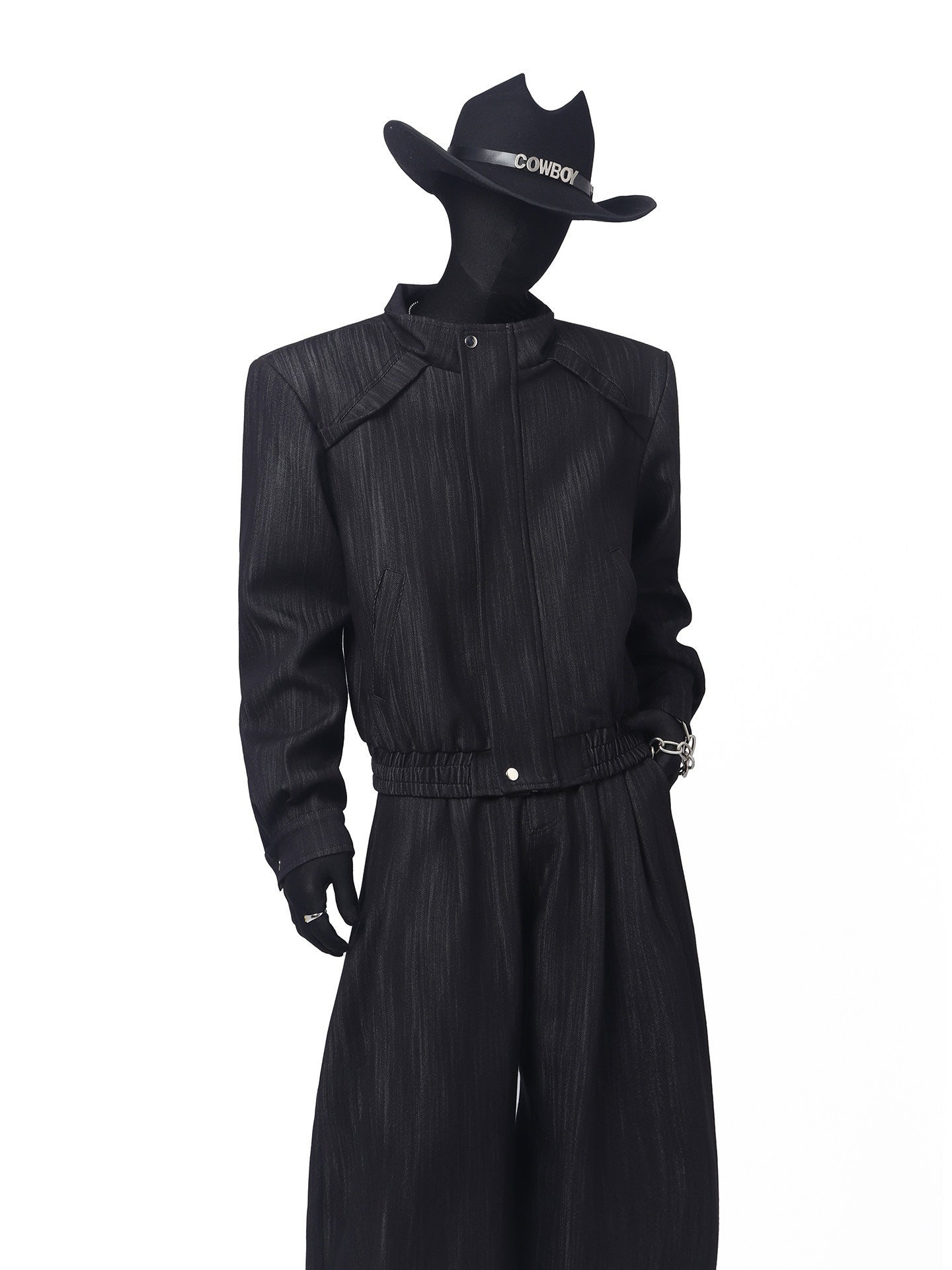Pleats Standing-Collar Short Jacket & Pleats Wide Leg Trousers Setup WN23693