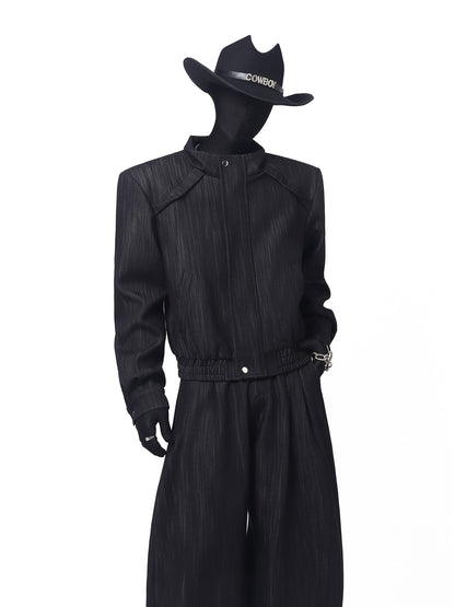 Pleats Standing-Collar Short Jacket & Pleats Wide Leg Trousers Setup WN23693