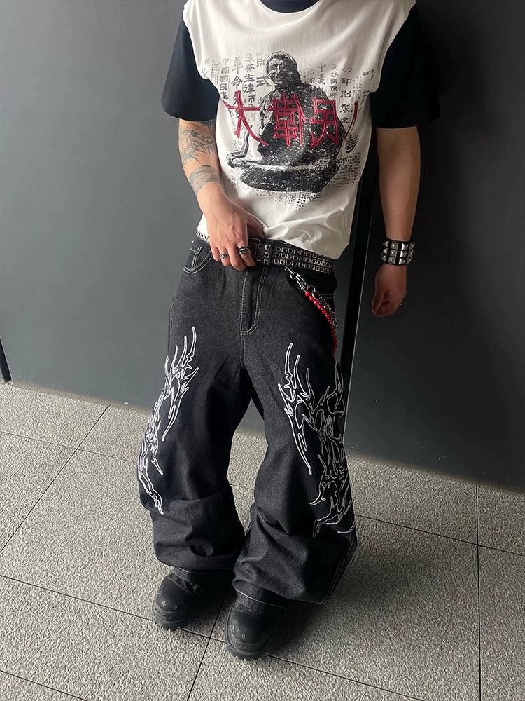 Graphic Art Embroidery Wide Leg Denim Jeans WN18804