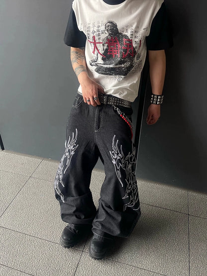 Graphic Art Embroidery Wide Leg Denim Jeans WN18804