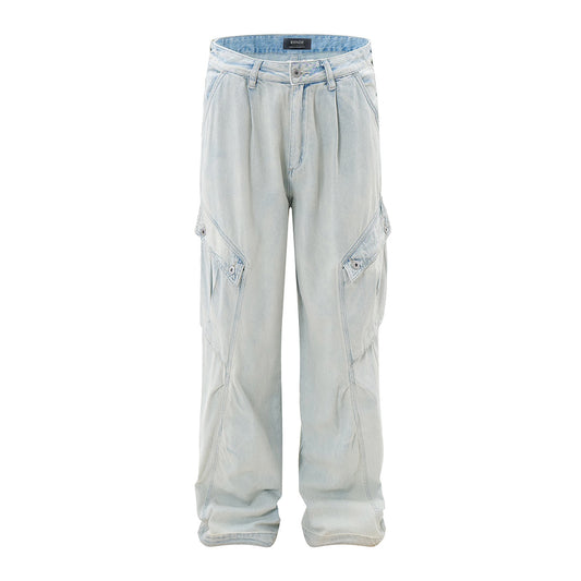 Washed Light Blue Straight Cargo Denim Jeans WN12715