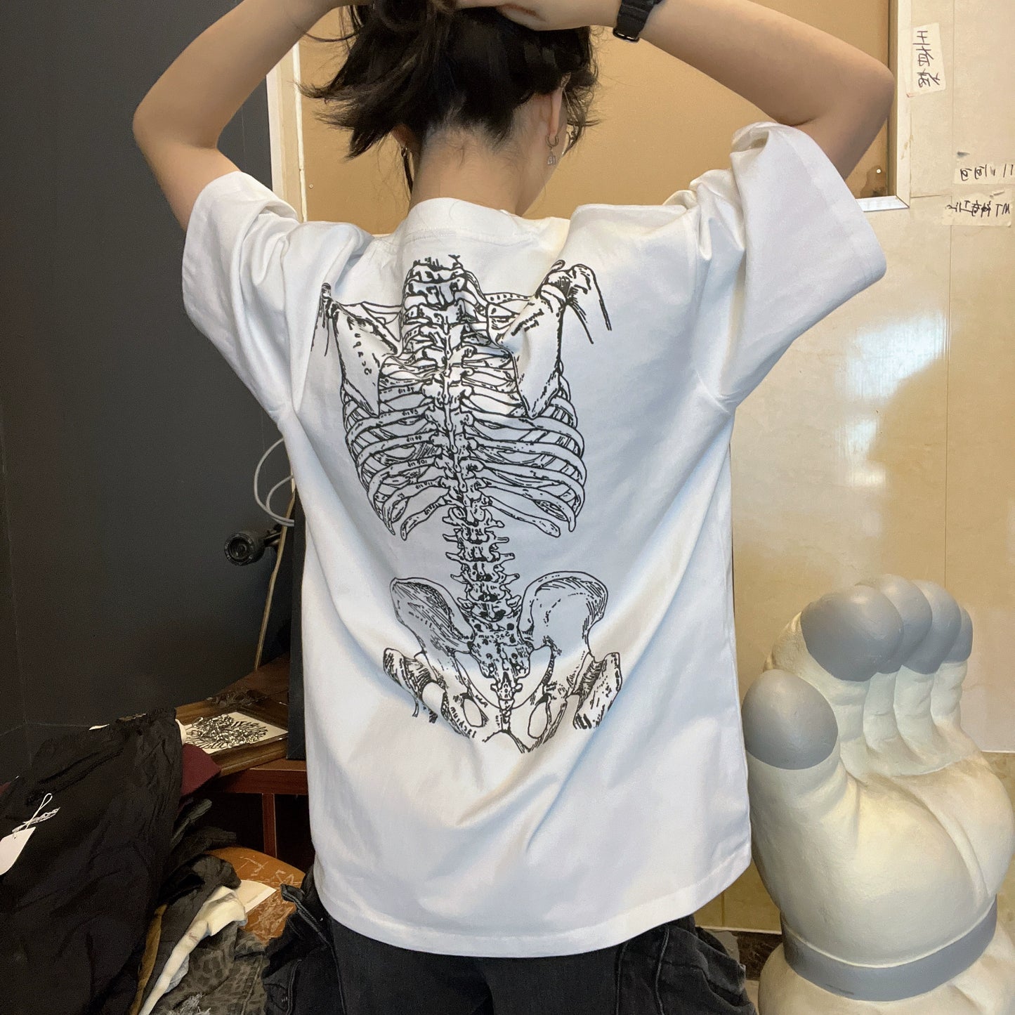 Skeleton Front and Back Print Oversize Short Sleeve T-Shirt WN16735