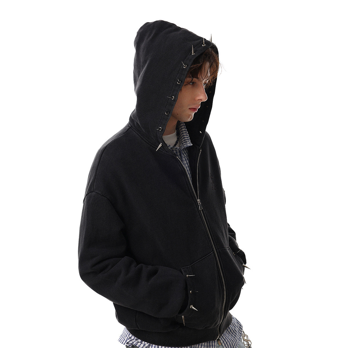 Washed Studs Zipper Hoodie WN23045