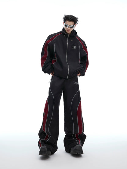 Glossy Contrast Hooded Jacket & Wide-leg Sporty Pants Setup WN8661