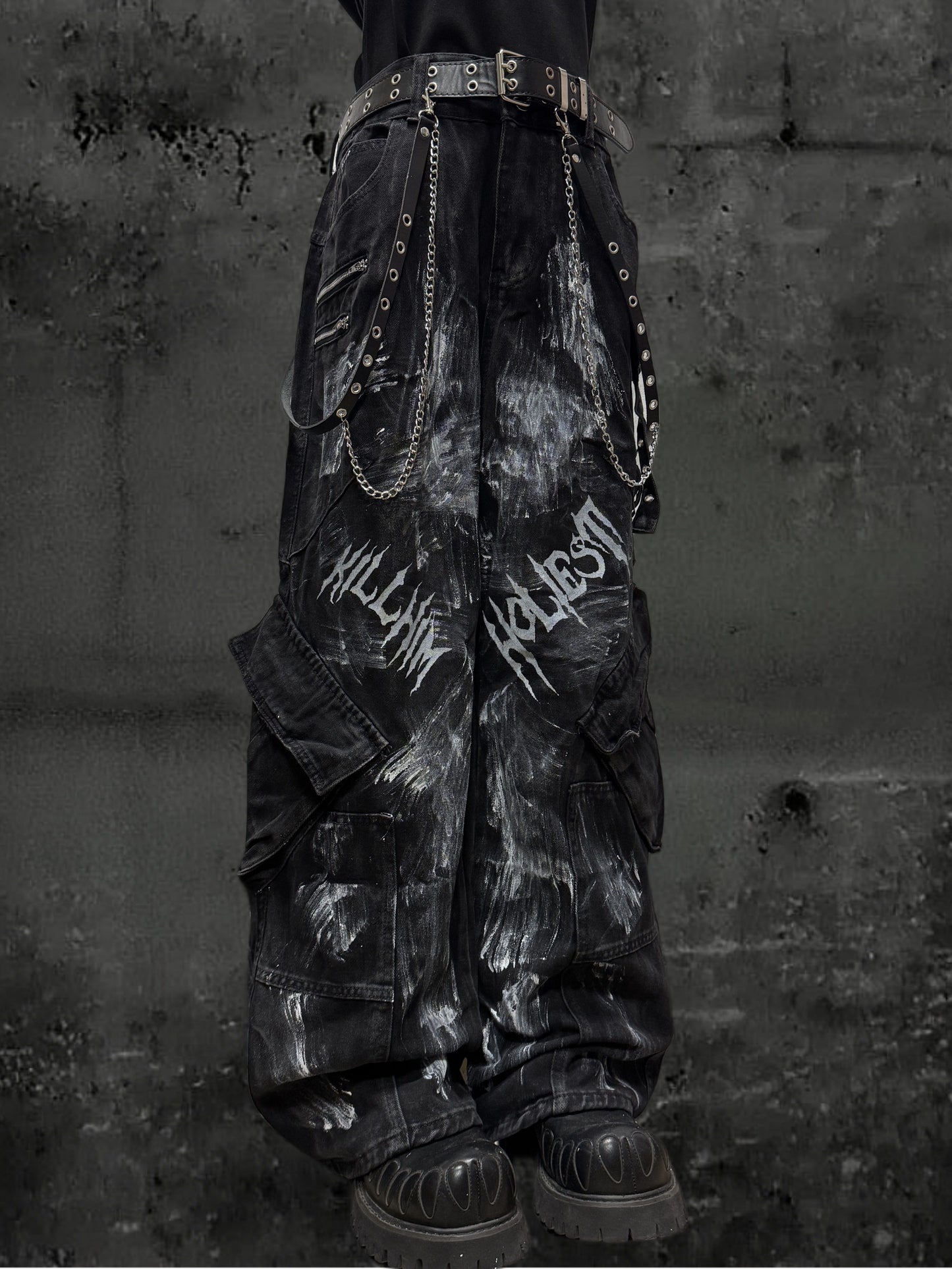 Paint Print Cargo Wide Leg Denim Jeans & Skull Belt & Belt Chain WN23787