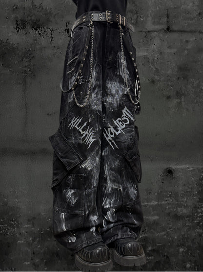 Paint Print Cargo Wide Leg Denim Jeans & Skull Belt & Belt Chain WN23787
